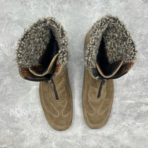 Aquatalia Brown Suede Leather Wedge Bootie Boots Size 11 Shearling Zipper Buckle - Picture 6 of 14